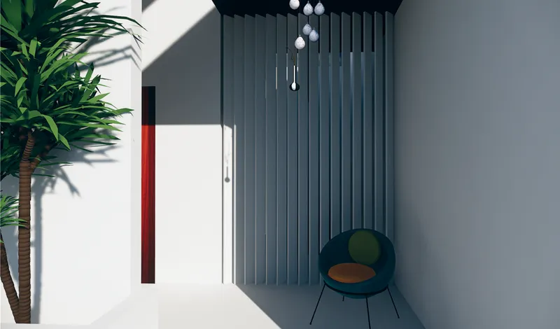 White hallway with vertical gray slat partition and pendant lighting overhead beside a potted plant