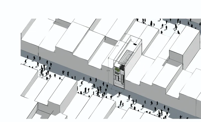 Axonometric drawing showing a narrow infill structure between existing buildings with pedestrians populating the street