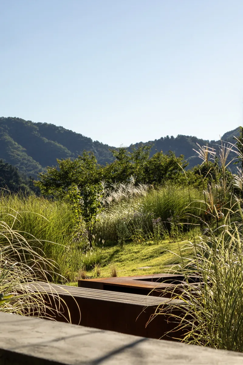 Weathering steel water feature surrounded by ornamental grasses with mountain ridges in the background