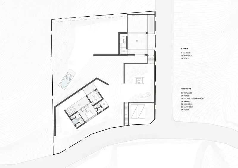 Ground floor plan showing the angled guest house and separate main building with topographic contours