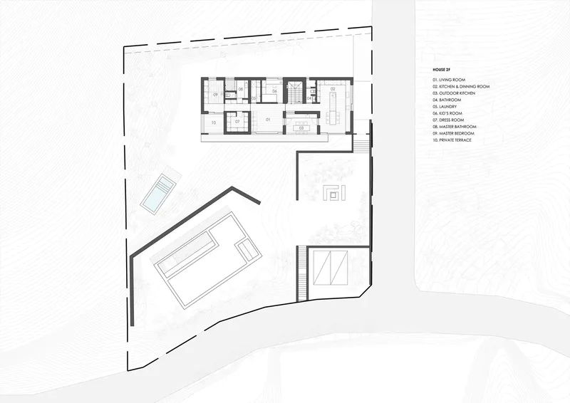 Upper floor plan revealing the living spaces and bedroom layout in the rectangular main volume
