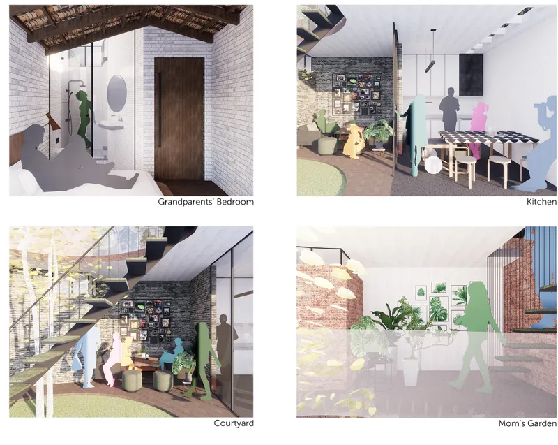 Four perspective renderings depicting a bedroom hallway, kitchen with figures, courtyard staircase, and indoor garden