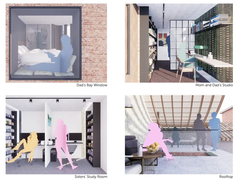 Rendering showing a workspace with gridded steel windows and built-in shelving beneath exposed wood trusses