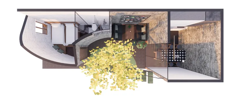 Top-down floor plan with a yellow tree canopy overhanging a curved staircase and central void