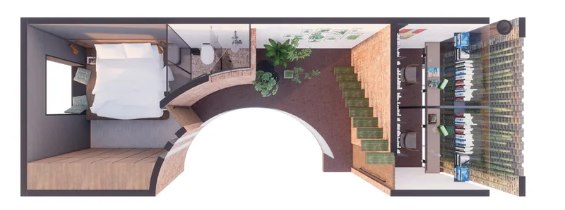 Section cutaway showing a curved mezzanine with timber stairs and a wine storage wall