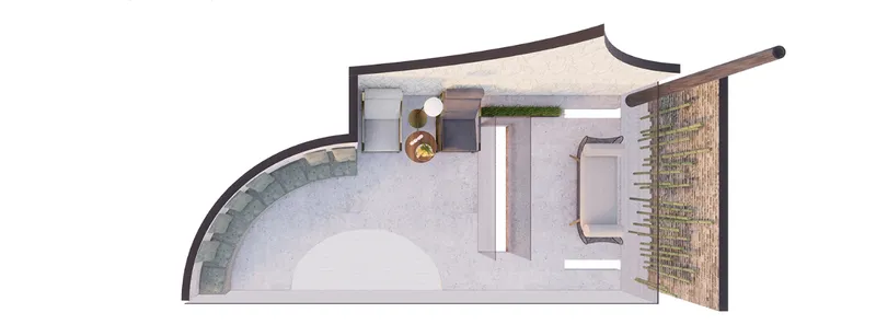 Upper level floor plan with a curved balcony overlooking an interior courtyard and planted wall