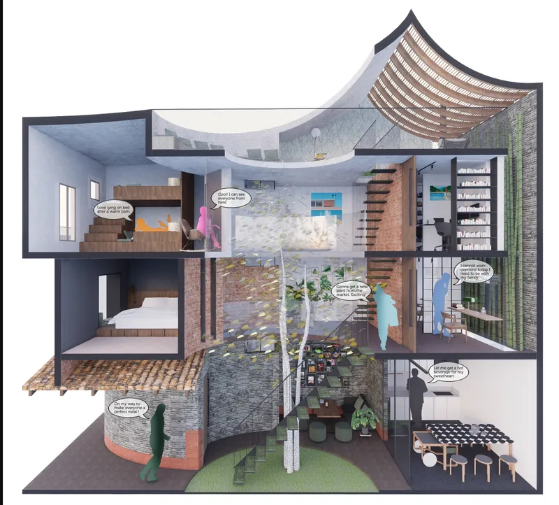 Three-dimensional section with cutout figures showing stacked living spaces around a central atrium