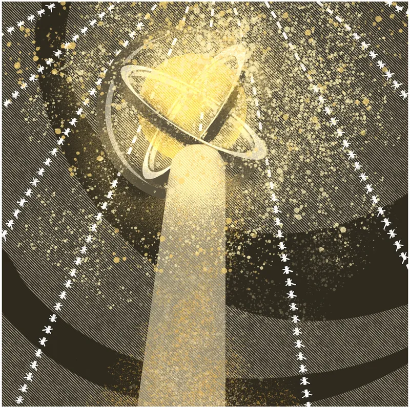 Aerial view rendering of the twisted tower structure with golden light emanating at dusk