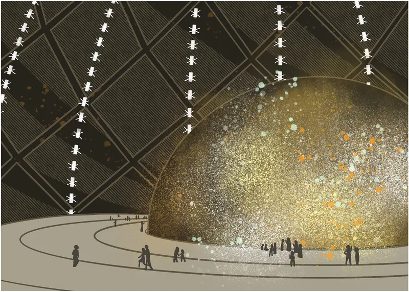 Section rendering of the interior hall with a domed particle projection and figures on curved platforms