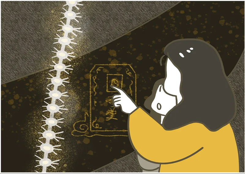 Interior vignette showing a visitor in yellow interacting with an illuminated wall panel