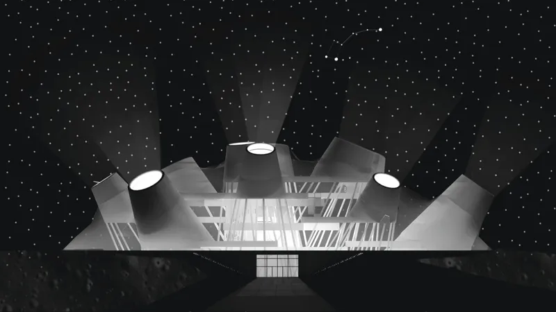 Night view of the radial roof form with illuminated conical skylights against a starry sky