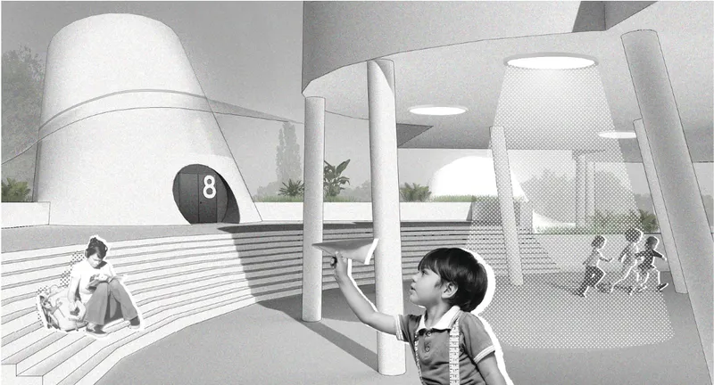 Rendered courtyard with cylindrical volumes, timber benches and white columns as children play