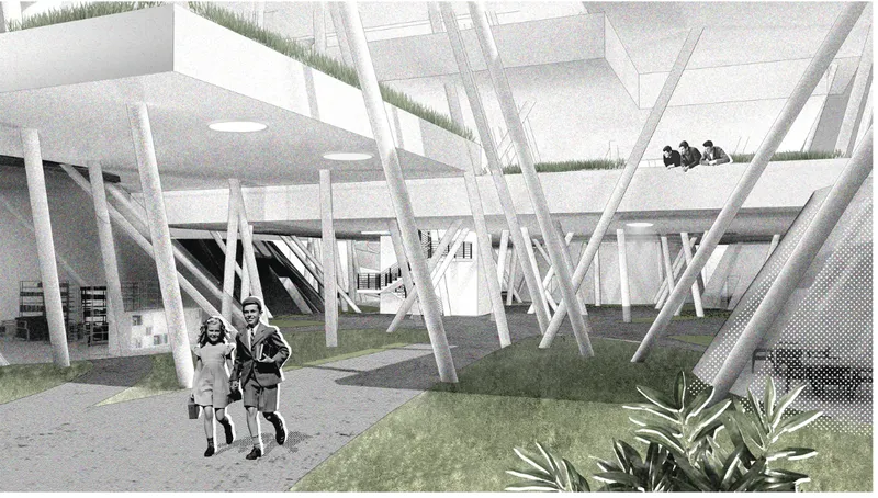 Interior view through angled white columns with planted beds and figures on multiple levels