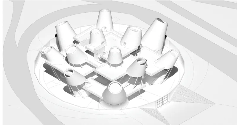 Aerial axonometric drawing showing clustered conical volumes arranged in a circular site plan