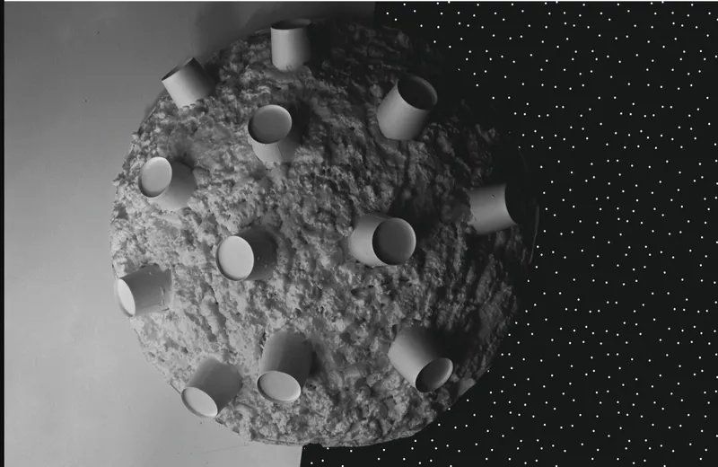 Model photograph of cylindrical volumes embedded in a cratered spherical surface against space