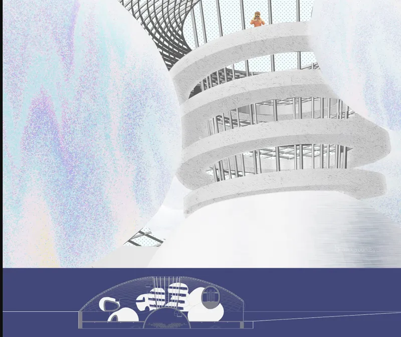 Section drawing and perspective rendering showing the helical ramp tower rising through multiple levels