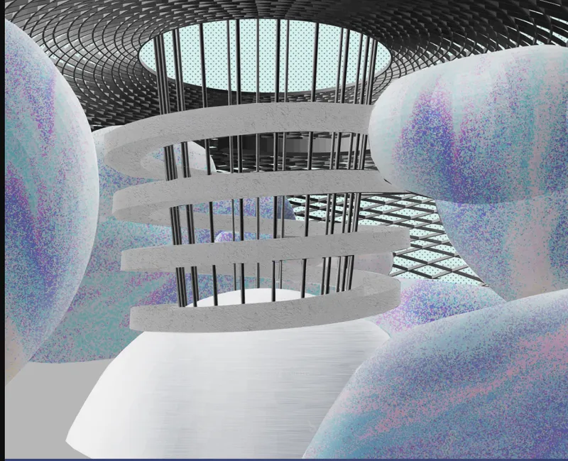 Interior view looking up through the spiraling ramps toward the latticed skylight at the tower's apex