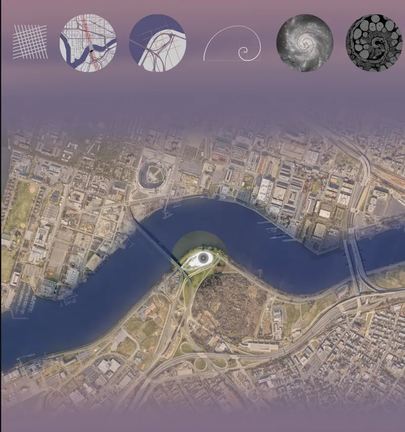 Aerial site plan showing a spiral-shaped structure nestled within a river bend and surrounding urban fabric