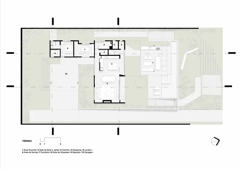 Ground floor plan showing living spaces opening to courtyard and pool area