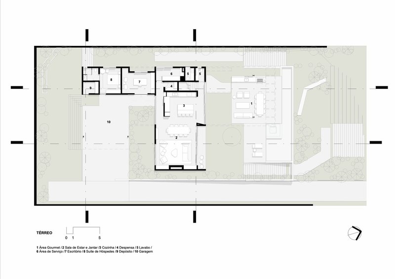 Ground floor plan showing living spaces opening to courtyard and pool area