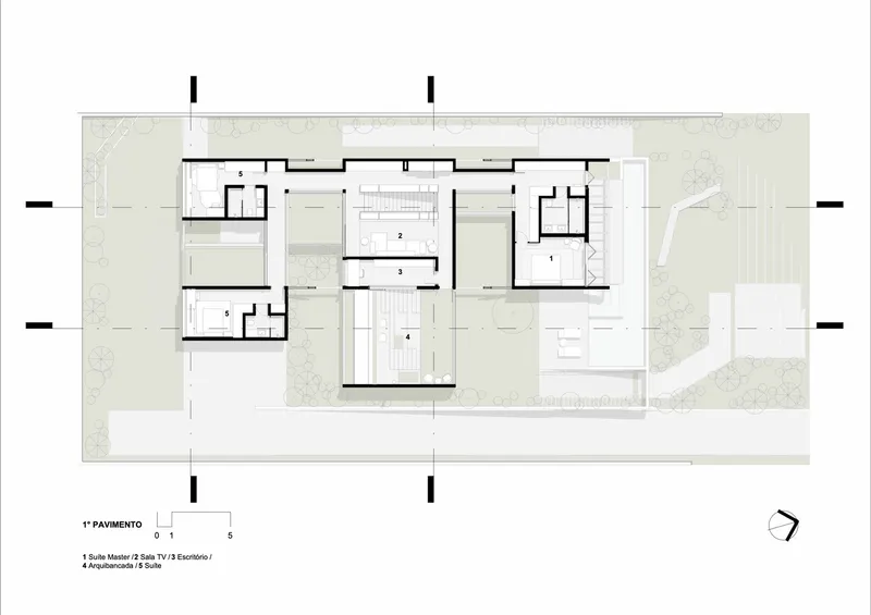 First floor plan showing bedroom suites and terraces with landscape buffers