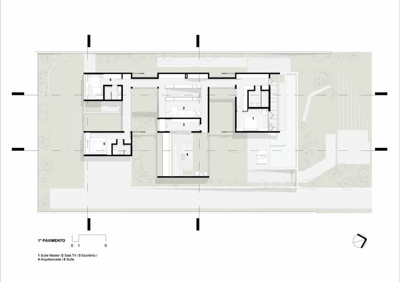 First floor plan showing bedroom suites and terraces with landscape buffers