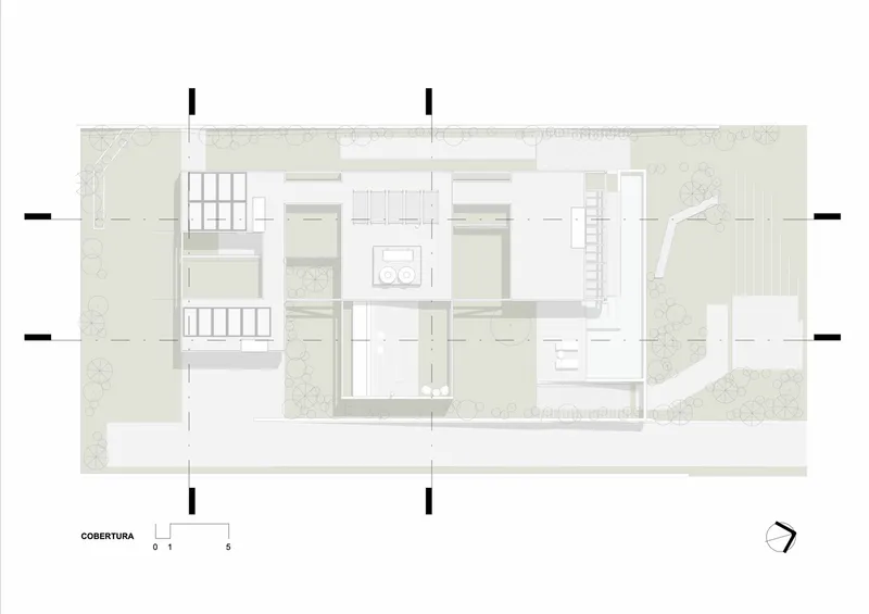 Roof plan showing the arrangement of upper terraces and circulation cores