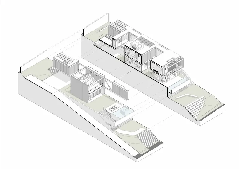 Axonometric drawing revealing three split-level volumes with kitchens, staircases, and terraced outdoor areas