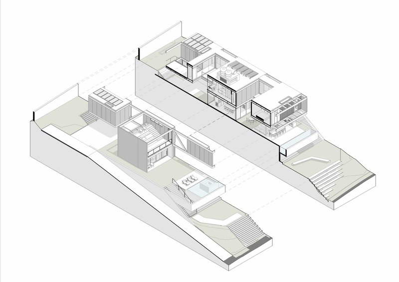 Axonometric drawing revealing three split-level volumes with kitchens, staircases, and terraced outdoor areas