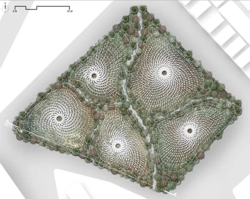 Axonometric rendering showing five circular terraced volumes arranged in a diamond pattern with planted perimeters