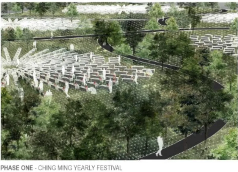 Aerial rendering of gridded memorial markers interspersed with mature trees and a curved black path