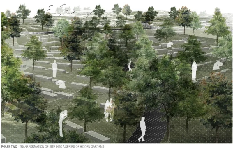 Eye-level rendering of a memorial landscape with scattered grave markers among trees and walking figures
