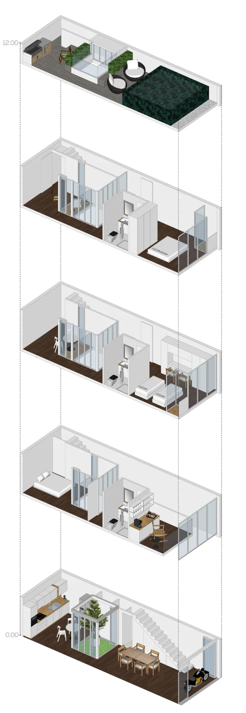 Exploded axonometric drawing of five residential levels stacked vertically with furnished interiors