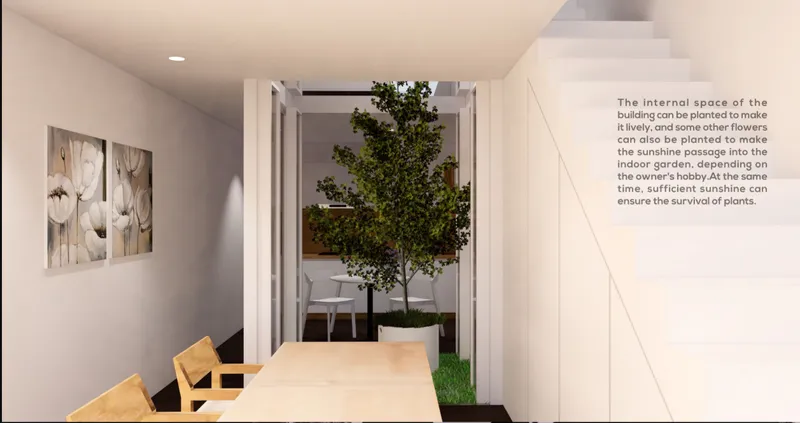 Dining area with light wood table and chairs opening to an interior courtyard with a potted tree