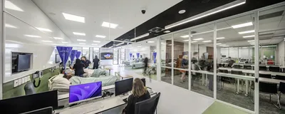 This architectural image showcases a modern hospital simulation lab, designed for healthcare educati