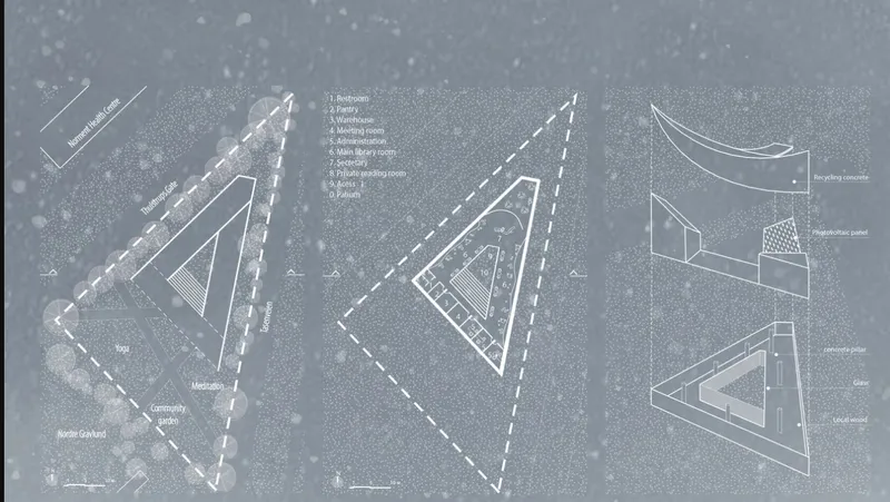 Site plan and section drawings showing a triangular building footprint with surrounding landscape and construction details