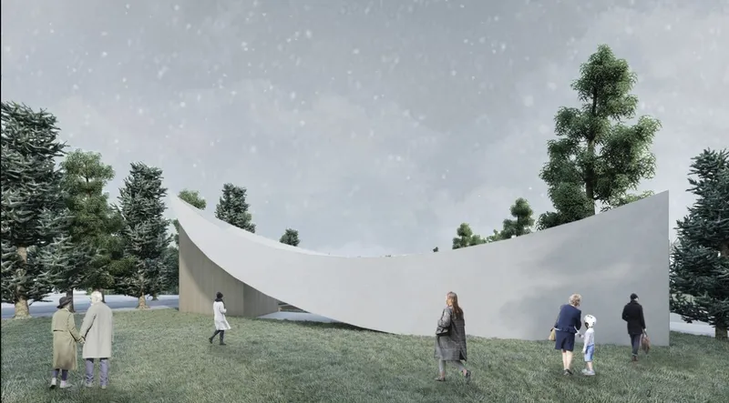 Rendered exterior view of the curved white shell roof structure with visitors walking among conifer trees