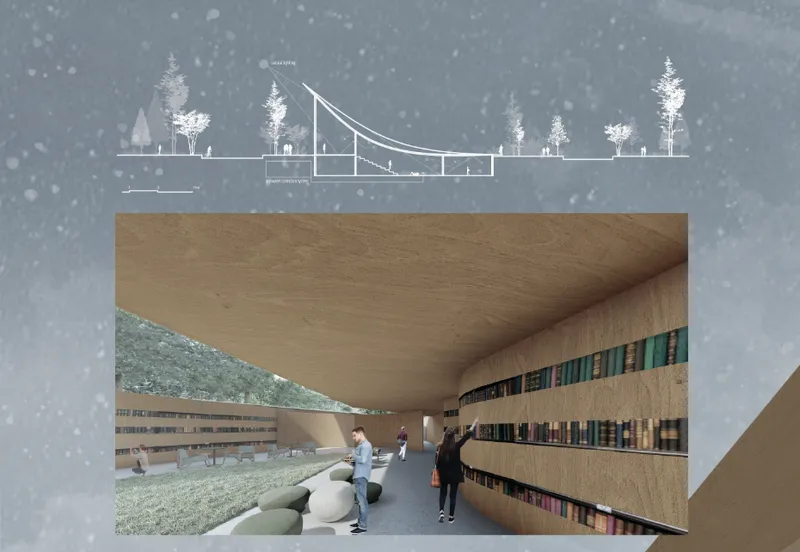 Section drawing above interior rendering of library space with curved timber ceiling and bookshelves during snowfall