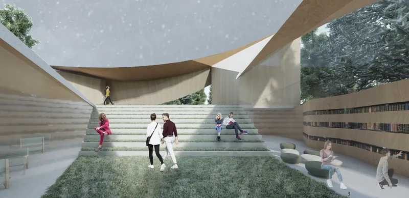 Interior amphitheater seating beneath flowing timber ceiling planes with visitors sitting and walking through the space