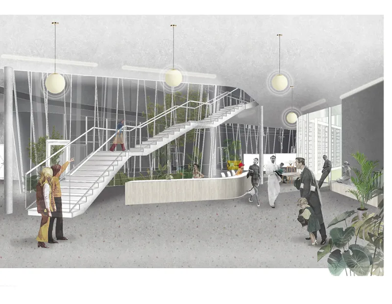 Interior rendering showing a white suspended staircase with sphere pendants and figures gathered near plantings