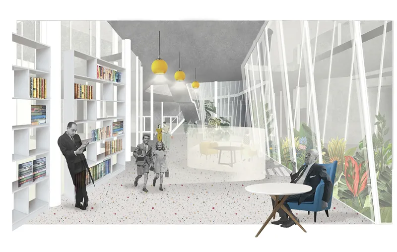 Interior rendering of a library space with white bookshelves and vertical slat partitions filtering daylight
