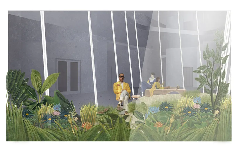 Interior courtyard rendering with lush planted beds and two seated figures beneath vertical white cables