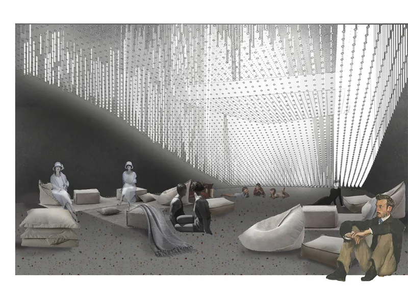 Interior rendering of a lounge with suspended beaded chain ceiling and floor cushions occupied by figures