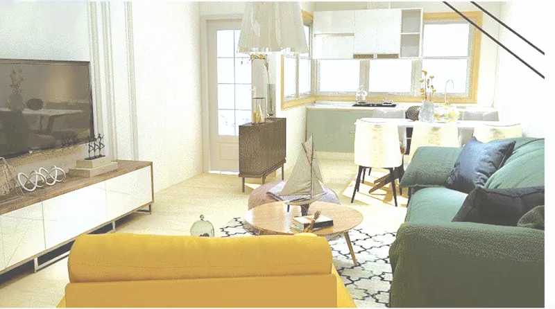 Open-plan living and dining area with yellow ottoman and kitchen visible through bright natural light