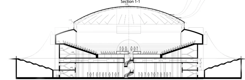 Section drawing showing the layered seating tiers beneath a ribbed dome and underground circulation levels
