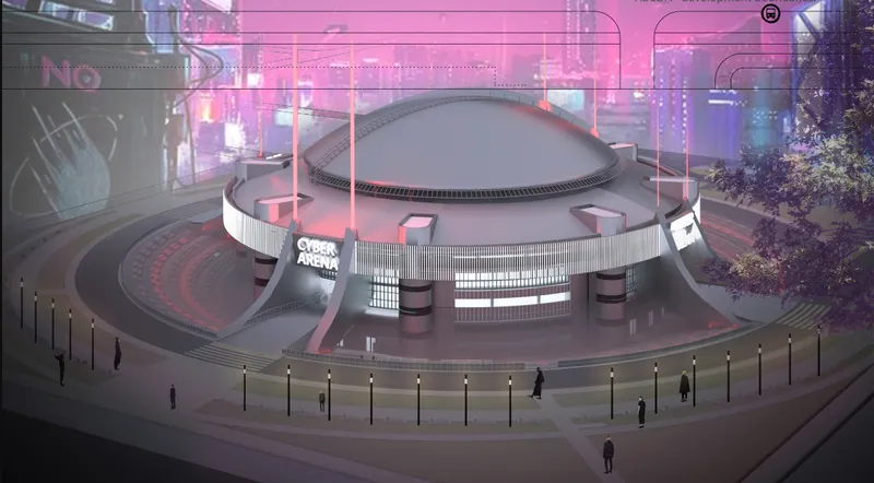 Eye-level rendering of the circular arena entrance with pedestrians and pink digital signage at dusk