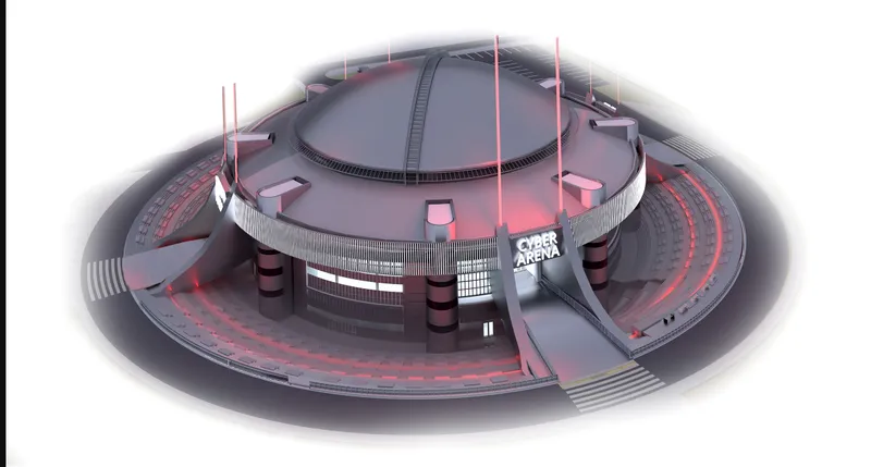 Aerial rendering of a circular arena with a domed roof and radiating red approach plazas