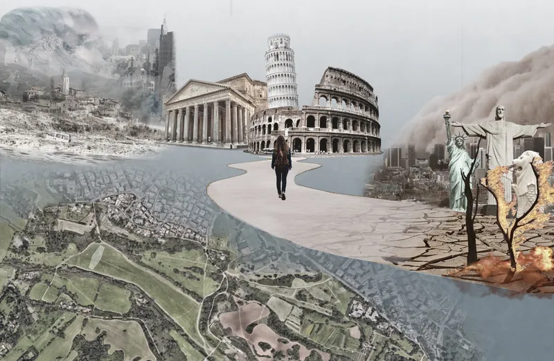Collage showing a figure walking along a curved pathway surrounded by fragmented landscapes and monuments