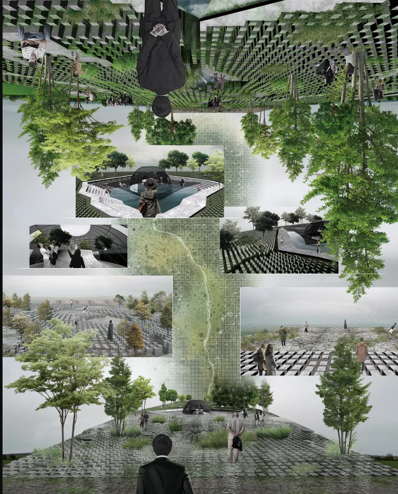 Composite rendering of a gridded plaza with trees and figures viewed from multiple aerial perspectives