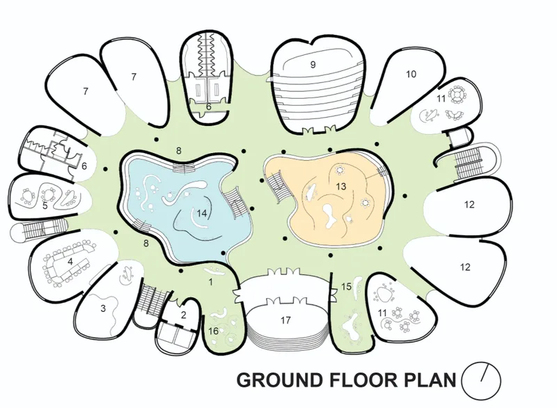 Ground floor plan drawing depicting radiating pod-like rooms arranged around a central pool and terraced performance space